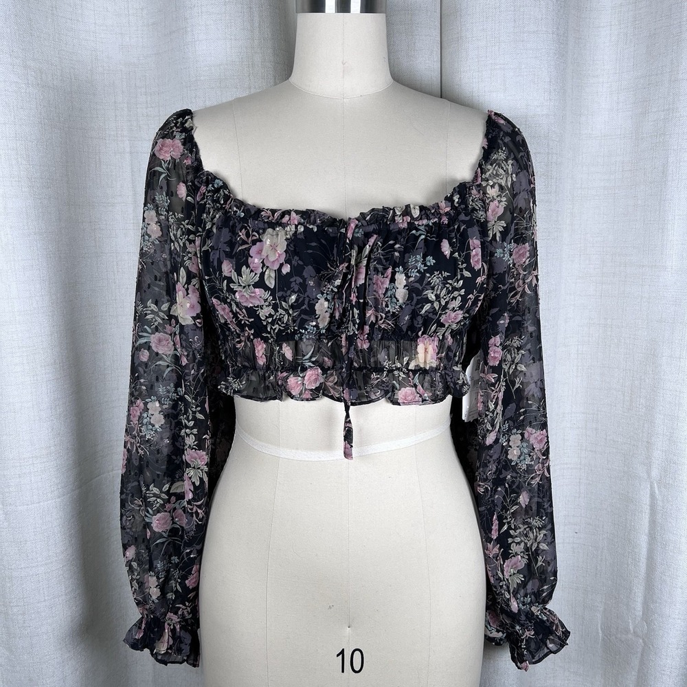 NEW! Altar'd State Floral Long Sheer Sleeve Crop Top Blouse XS‎ Romantic Boho